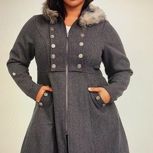 TORRID OUTLANDER JAIME GREY FAUX FUR TRIM WOOLEN SWING COAT ~ SIZE 1